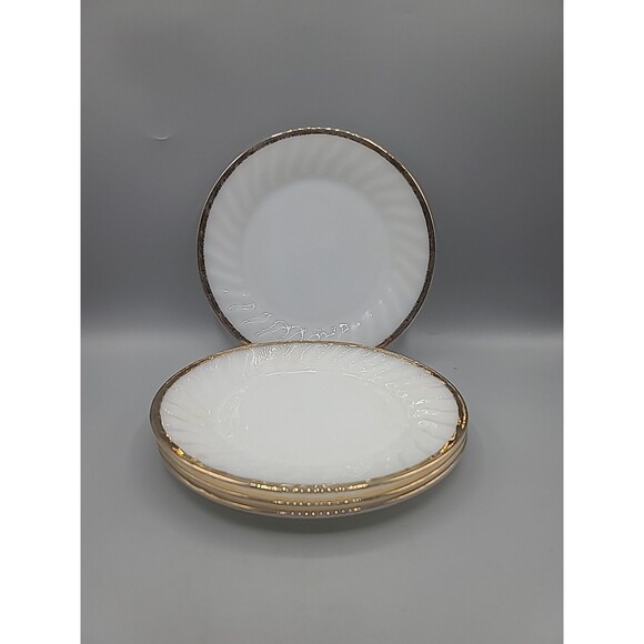Salad Plate 7 3/4" Anchor Hocking Fire King Swirl Milk Glass Gold Trim Set Of 4 - Picture 1 of 13